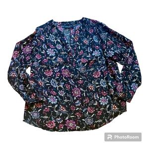 LANE BRYANT blouse size 16 - midnight blue w/ magenta/blue flowers & gold flecks